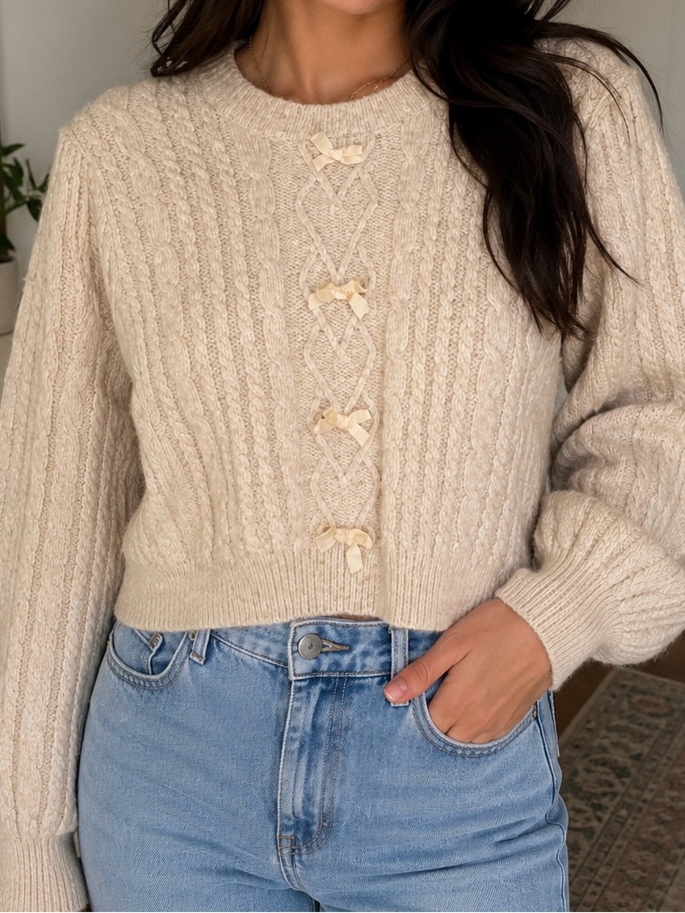 Altar'd State Cream Cable Knit Bow-Trim Women's Sweater - Picture 1 of 6